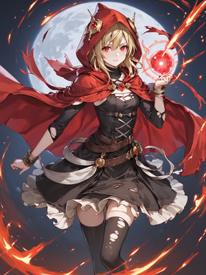 score_9,score_8_up,score_7_up,score_6_up, masterpiece, best quality, 8k, 8k UHD, ultra-high resolution, ultra-high definition, highres
,//Character, 
1girl, solo,Evileye \(overlord\), blonde hair, red eyes, hair between eyes, small breasts
,//Fashion, 
hood, black dress, torn clothes, covered navel, red cloak, hooded cloak, black thighhighs, torn thighhighs, 
hood up
,//Background, white_background
,//Others, ,Expressiveh,
dynamic pose, energy ball charging