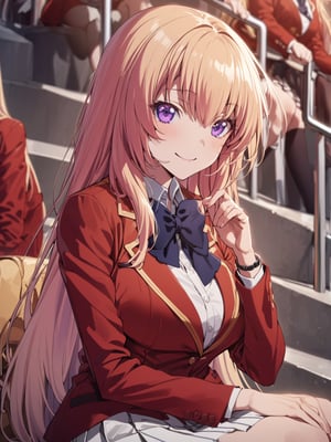 //Quality,
masterpiece, best quality, detailed
,//Character,
1girl, solo,ichinose honami, purple eyes , long hair, blonde hair
,//Fashion,
, school uniform, bow tie, red jacket, white skirt, pleated skirt
,//Background,
school stairs
,//Others,
sitting, smile