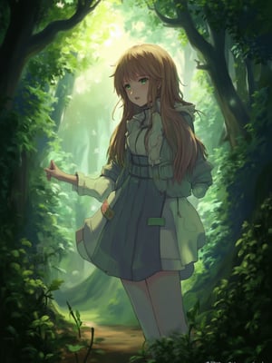 best quality, 8k, 8k UHD, ultra-high resolution, ultra-high definition, highres
,//Character, 
1girl, solo
,//Fashion, 
dress
,//Background, 
,//Others, ,Expressiveh,
A young girl with long brown hair and bright eyes, standing at the edge of a magical forest. She's wearing a simple dress and holding a small backpack. Sunlight filters through the trees, creating a mystical atmosphere. The girl looks excited and slightly nervous
