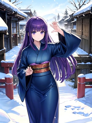 //Quality,
(masterpiece), (best quality), 8k illustration,
,//Character,
1girl, solo,
,//Fashion,
details (dark blue silk brocade kimono)
,//Background,
Kyoto, outdoors, winter, snow
,//Others,
goodbye pose,aafern, long hair, purple hair