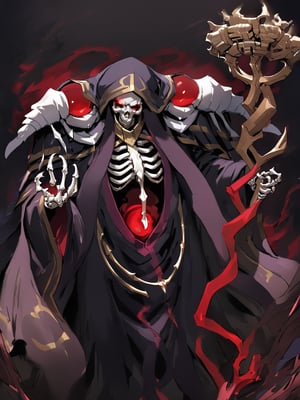 //Quality,
masterpiece, best quality, detailed
,//Character,
solo,
,//Fashion,
,//Background,
,//Others,
,ainz ooal gown \(overlord\), 1boy, red eyes, skull, skeleton, glowing, hood, shoulder armor, robe, staff