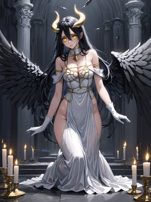 masterpiece, best quality, highres
,//Character, 
1girl, solo,albedo \(overlord\), long hair, black hair, hair between eyes, yellow eyes, horns, ahoge, black wings, feathered wings, low wings
,//Fashion, 
white gloves, white dress, bare shoulders, detached collar, cleavage, slit pupils
,//Background, 
,//Others, ,Expressiveh, 
A young priestess kneeling before a dark altar, surrounded by ominous statues and flickering candles.