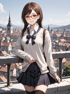 masterpiece, best quality, 8k, 8k UHD, ultra-high resolution, ultra-high definition, highres
,//Character, 
1girl, solo,SakimiyaMisaki, brown hair, twin braids, brown eyes, glasses, red-framed eyewear
,//Fashion, 
school uniform, hair ornament, hairclip, pleated skirt, black thighhighs
,//Background, 
,//Others, ,Expressiveh, 
A twin-tailed assassin girl perched on a rooftop, observing a medieval fantasy city at night.
, weapon, holding_weapon