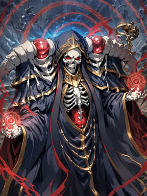 //Quality,
masterpiece, best quality, detailed
,//Character,
,ainz ooal gown \(overlord\), 1boy, solo, red eyes, skull, skeleton, glowing
,//Fashion,
hood, shoulder armor, robe
,//Background,
battle field
,//Others,
magic chant, magic circle, open mouth, smile, face up