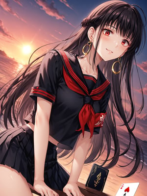 best quality, 8k, 8k UHD, ultra-high resolution, ultra-high definition, highres
,//Character, 
1girl, solo
,//Fashion, 
,//Background, 
,//Others, ,Expressiveh, 
AgakuraMajiri, 1girl, solo, long hair, black hair, red eyes, hoop earrings, black serafuku, sailor collar, black shirt, red neckerchief, armband, pleated skirt, black skirt,
A group of young girls in school uniforms playing a card game at sunset, cicadas chirping in the background.