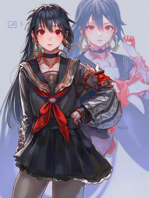 best quality, 8k, 8k UHD, ultra-high resolution, ultra-high definition, highres
,//Character, 
1girl, solo
,//Fashion, 
,//Background, 
,//Others, ,Expressiveh,
long hair, black hair, red eyes, hoop earrings, black serafuku, sailor collar, black shirt, red neckerchief, armband, pleated skirt, black skirt