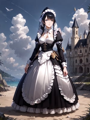 score_9,score_8_up,score_7_up,score_6_up, masterpiece, best quality, highres
,//Character, 
1girl, solo,narberal gamma \(overlord\), long hair, black hair, glay eyes, bangs, ponytail, medium breats
,//Fashion, 
maid
,//Background, 
,//Others, ,Expressiveh, 
A girl building a sandcastle on a beach, but the castle is emerging as a full-sized, realistic medieval fortress.