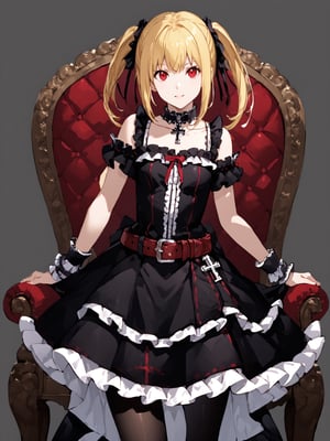 masterpiece, best quality, highres
,//Character, 
1girl, solo,AmaneMisa, twintails, blonde hair, red eyes, sidelocks
,//Fashion, 
black dress, sleeveless, bare shoulders, collarbone, choker, skirt, frills, belt, black pantyhose, cross
,//Background, 
,//Others, ,Expressiveh, 
A young girl with heterochromatic eyes, wearing an elaborate gothic lolita dress, standing confidently in a grand throne room.