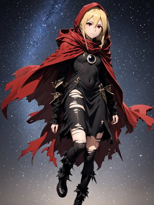 //Quality,
masterpiece, best quality, detailed
,//Character,
,Evileye \(overlord\), 1girl, solo, blonde hair, red eyes, hair between eyes, small breasts
,//Fashion,
hood, black dress, torn clothes, covered navel, red cloak, hooded cloak, black thighhighs, torn thighhighs, boots, black footwear
,//Background,
night_sky, starry_sky
,//Others,
hood down, arms at sides