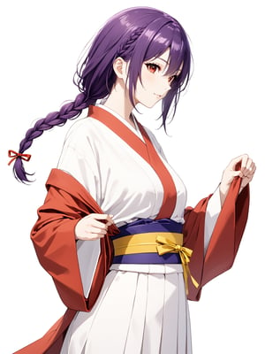 masterpiece, best quality, highres
,//Character, 
1girl, solo,AobaYuzuki, long hair, purple hair, single braid, red eyes
,//Fashion, 
hair ribbon, yellow ribbon, hair over shoulder, red kimono, long sleeves, obi
,//Background, white background
,//Others, ,Expressiveh, 
