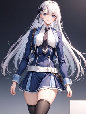 score_9,score_8_up,score_7_up,score_6_up, masterpiece, best quality
,//Character, 
1girl, solo,RiseliaRayCrystalia, very long hair, white hair, braid, blue eyes, medium breasts
,//Fashion, 
earrings, hair bow, long sleeves, white shirt, collared shirt, black necktie, blue jacket, blue skirt, pleated skirt, black thighhighs, belt
,//Background, white_background
,//Others,
v, :)