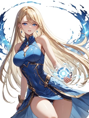 masterpiece, best quality, 8k, 8k UHD, ultra-high resolution, ultra-high definition, highres
,//Character, 
1girl, solo, long hair, blonde hair, blue eyes
,//Fashion, 

,//Background, white_background
,//Others, ,Expressiveh, 
lightning magic charging