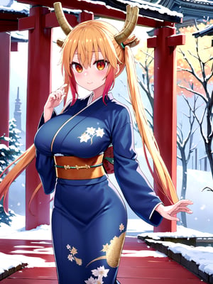 //Quality,
(masterpiece), (best quality), 8k illustration,
,//Character,
1girl, solo, large breasts
,//Fashion,
details (dark blue silk brocade kimono)
,//Background,
Kyoto, outdoors, winter, snow
,//Others,
happy new year 2024, dragon,tohru, tohru \(maidragon\),twintails, multicolored hair, dragon horns