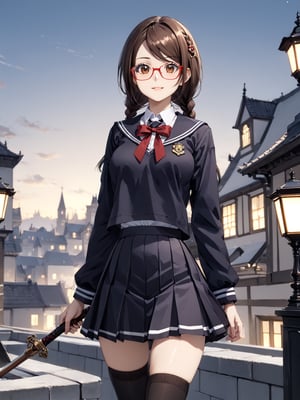 masterpiece, best quality, 8k, 8k UHD, ultra-high resolution, ultra-high definition, highres
,//Character, 
1girl, solo,SakimiyaMisaki, brown hair, twin braids, brown eyes, glasses, red-framed eyewear
,//Fashion, 
school uniform, hair ornament, hairclip, pleated skirt, black thighhighs
,//Background, 
,//Others, ,Expressiveh, 
A twin-tailed assassin girl perched on a rooftop, observing a medieval fantasy city at night.
, weapon, holding_weapon