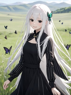 //Quality,
masterpiece, best quality, detailed
,//Character,
solo,echidna_rezero, 1girl, very long hair, white hair, black eyes, colored eyelashes
,//Fashion,
long sleeves, striped, black dress, long dress, butterfly_hair_ornament, black capelet
,//Background,
grassland, tea time
,//Others,
smile