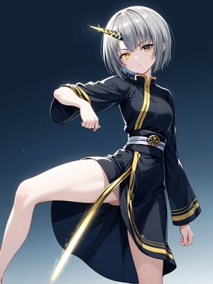 best quality, 8k, 8k UHD, ultra-high resolution, ultra-high definition, highres
,//Character, 
1girl, solo
,//Fashion, 
,//Background, 
,//Others, ,Expressiveh, 
Ataru, short hair, grey hair, yellow eyes, heterochromia, glowing, single horn, dress, legs,
A martial artist mid-kick, her gi revealing a glimpse of athletic physique.