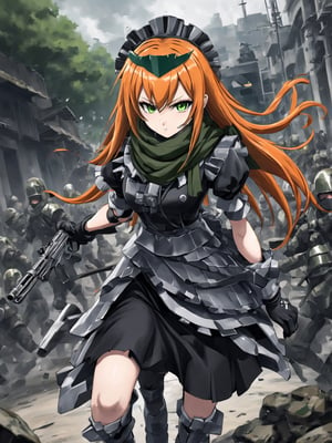 //Quality,
masterpiece, best quality, detailed
,//Character,
,cz2128_delta \(overlord\), 1girl, solo, long hair, green eyes, orange hair, eyepatch, expressionless
,//Fashion,
maid, maid headdress, camouflage, green scarf, gloves, dress, boots, armor
,//Background,
battle ground
,//Others,
holding gun