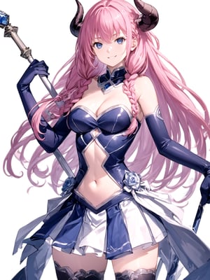 score_9,score_8_up,score_7_up,score_6_up, masterpiece, best quality
,//Character, 
1girl, solo,aura the guillotine \(frieren\)aura the guillotine \(frieren\), 1girl, blue eyes, long hair, braid, horns, medium breasts, pink hair
,//Fashion, 
jewelry, cleavage, navel cutout, bare shoulders, elbow gloves, pleated skirt, thighhighs
,//Background, white_background
,//Others,
evil smiling, holding_weapon 