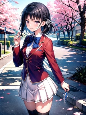 //Quality,
(masterpiece), (best quality), 8k illustration
,//Character,
1girl, solo
,//Fashion,
,//Background,
school gate, cherry blossoms
,//Others,
,aasuzune, short hair, black hair, (single braid:1.2), hair ribbon, red jacket, blazer, blue bowtie, long sleeves, white skirt, black thighhighs, happy tears, smile