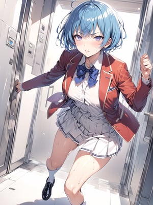 //Quality,
masterpiece, best quality, detailed
,//Character,
,IbukiMio, 1girl, solo, breasts, short hair, bangs, blue eyes, blue hair, purple eyes, ahoge, shiny hair
,//Fashion,
school uniform, red jacket, open clothes, blue bow, collared shirt, pleated skirt, black footwear, white socks
,//Background,
Elevator, closed room, sweaty summer, kicking the door
,//Others,
