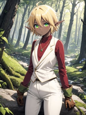 //Quality,
masterpiece, best quality, detailed
,//Character,
solo,Aura Bella Fiora \(overlord\), 1girl, short hair, blonde hair, hair between eyes, blue eyes, green eyes, heterochromia, pointy ears, dark skin, elf, ahoge
,//Fashion,
red shirt, long sleeves, brown gloves, necklace, white vest, white pants, brown footwear
,//Background,
forest
,//Others,