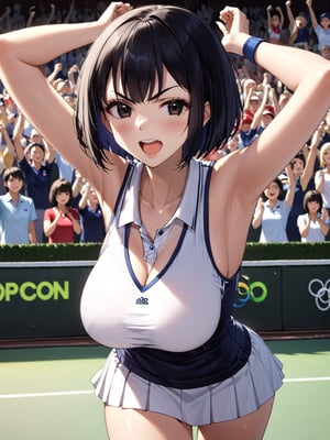 masterpiece, best quality, 8k, 8k UHD, ultra-high resolution, ultra-high definition, highres
,//Character, 
1girl, solo,ShimizuChikako, short hair, bob cut, black hair, black eyes, large breasts
,//Fashion, 
 tennis uniform
,//Background, 
,//Others, ,Expressiveh, 
v-shaped eyebrows, open mouth, sweat, red clay court, 
A young female tennis prodigy celebrating her victory at the Olympics, arms raised in triumph as the crowd cheers.