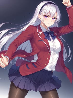 score_9,score_8_up,score_7_up,score_6_up, masterpiece, best quality, 8k, 8k UHD, ultra-high resolution, ultra-high definition, highres
,//Character, 
1girl, solo, long hair, white hair, purple eyes
,//Fashion, 
school uniform, red jacket, pantyhose, pleated skirt, hairband
,//Background, white_background
,//Others, ,Expressiveh,
fighting stance, dynamic pose