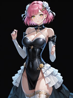 best quality, 8k, 8k UHD, ultra-high resolution, ultra-high definition, highres
,//Character, 
1girl, solo
,//Fashion, 
,//Background, 
,//Others, ,Expressiveh,
m.o.m.o., short hair, pink hair, yellow eyes, hair ornament, dress, thighhighs