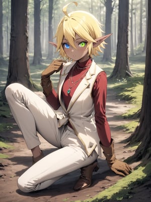 //Quality,
masterpiece, best quality, detailed
,//Character,
solo,Aura Bella Fiora \(overlord\), 1girl, short hair, blonde hair, hair between eyes, blue eyes, green eyes, heterochromia, pointy ears, dark skin, elf, ahoge
,//Fashion,
red shirt, long sleeves, brown gloves, necklace, white vest, white pants, brown footwear
,//Background,
forest
,//Others,