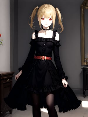 masterpiece, best quality, highres
,//Character, 
1girl, solo,AmaneMisa, twintails, blonde hair, red eyes, sidelocks
,//Fashion, 
black dress, sleeveless, bare shoulders, collarbone, choker, skirt, frills, belt, black pantyhose, cross
,//Background, 
,//Others, ,Expressiveh, 
A young girl with heterochromatic eyes, wearing an elaborate gothic lolita dress, standing confidently in a grand throne room.