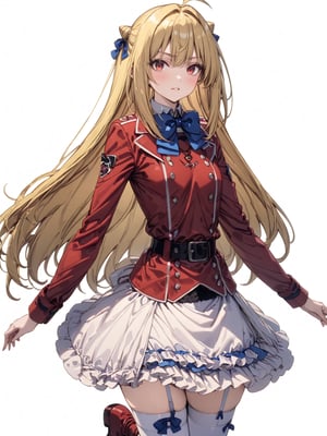 //Quality, masterpiece, best quality, detailmaster2, 8k, 8k UHD, ultra detailed, ultra-high resolution, ultra-high definition, highres, 
//Character, 1girl, solo,Terakomari, long hair, blonde hair, red eyes, ahoge, ribbon,
//Fashion, red coat, belt buckle, blue bowtie, long sleeves, white skirt, blue bow, white thighhighs, garter straps, boots, 
//Background, white background, 
//Others, 