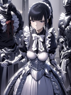 //Quality,
masterpiece, best quality, detailed
,//Character,
1girl, solo
,//Fashion,
,//Background,
,//Others,
,narberal gamma \(overlord\), 1girl, long hair, black hair, glay eyes, bangs, ponytail, medium breats, ribbon, bow, maid, dress, armor, gloves