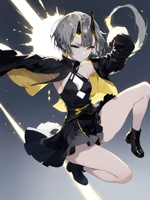 best quality, 8k, 8k UHD, ultra-high resolution, ultra-high definition, highres
,//Character, 
1girl, solo
,//Fashion, 
,//Background, 
,//Others, ,Expressiveh, 
Ataru, short hair, grey hair, yellow eyes, heterochromia, glowing, single horn, dress, legs,
A martial artist mid-kick, her gi revealing a glimpse of athletic physique.