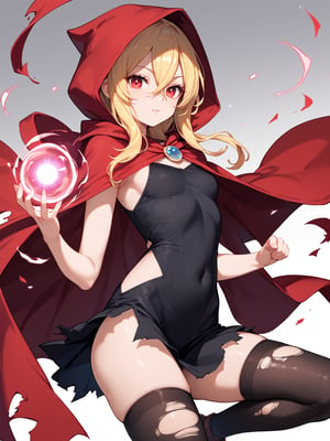 score_9,score_8_up,score_7_up,score_6_up, masterpiece, best quality, 8k, 8k UHD, ultra-high resolution, ultra-high definition, highres
,//Character, 
1girl, solo,Evileye \(overlord\), blonde hair, red eyes, hair between eyes, small breasts
,//Fashion, 
hood, black dress, torn clothes, covered navel, red cloak, hooded cloak, black thighhighs, torn thighhighs, 
hood up
,//Background, white_background
,//Others, ,Expressiveh,2b-Eimi, 
dynamic pose, energy ball charging