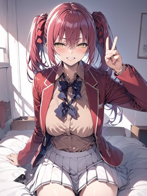 //Quality,
masterpiece, best quality, detailed
,//Character,
1girl, solo, AmasawaIchika, yellow eyes, red hair, twintails, medium breasts, bangs, hair between eyes, shiny hair, 
,//Fashion,
school uniform, red jacket, blazer, open jacket, long sleeves, open clothes, collared shirt, brown shirt, blue bowtie, hair ribbon, red ribbon, pleated skirt, white skirt, miniskirt, black footwear, black socks, loafers
,//Background,
room, bed
,//Others,
sitting, grin, V,AmasawaIchika