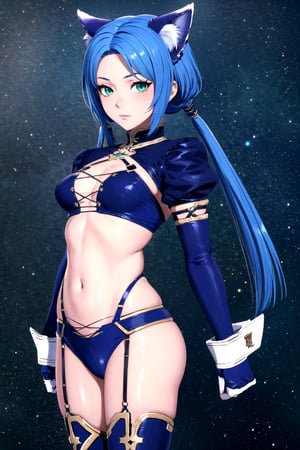 //Quality, masterpiece, best quality, detailmaster2, 8k, 8k UHD, ultra-high resolution, ultra-high definition, highres, 
//Character, 1girl, solo,MeracleChamlotte_SO4 cat_girl,blue_hair twintails green_eyes,
//Fashion, ,navel gloves thighhighs,
//Background, white background, 
//Others, 