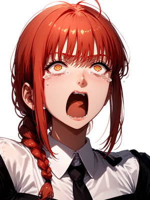 score_9,score_8_up,score_7_up,score_6_up, masterpiece, best quality, 8k, 8k UHD, ultra-high resolution, ultra-high definition, highres
,//Character, 
1girl, solo, makima (chainsaw man), red hair, ringed eyes, braided ponytail
,//Fashion, 
black necktie, shirt, collared shirt, black_pants
,//Background, white_background
,//Others, ,Expressiveh,ArtoriaPendragon, 
aquascreaming, screaming, open mouth, crying with eyes open