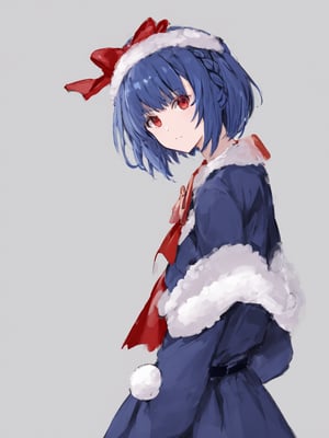 masterpiece, best quality, 8k, 8k UHD, ultra-high resolution, ultra-high definition, highres
,//Character, 
1girl, solo, short hair, blue hair, shiny hair, red eyes, bangs, braid
,//Fashion, 
santa_costume, hair ribbon
,//Background, white_background
,//Others, ,Expressiveh,
dynamic pose, dark energy