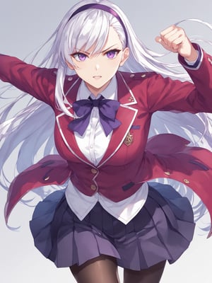 score_9,score_8_up,score_7_up,score_6_up, masterpiece, best quality, 8k, 8k UHD, ultra-high resolution, ultra-high definition, highres
,//Character, 
1girl, solo, long hair, white hair, purple eyes
,//Fashion, 
school uniform, red jacket, pantyhose, pleated skirt, hairband
,//Background, white_background
,//Others, ,Expressiveh,
fighting stance, dynamic pose,anime coloring
