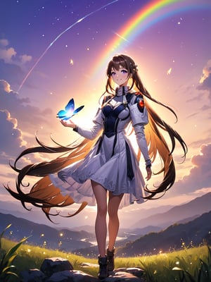 The girl standing triumphantly atop a hill, silhouetted against a beautiful sunset. She's holding a magical artifact that glows with rainbow colors. Her posture is confident, and a smile of accomplishment lights up her face. Fireflies dance around her, adding a magical touch to the scene.
best quality, 8k, 8k UHD, ultra-high resolution, ultra-high definition, highres
,//Character, 
1girl, solo
,//Fashion, 
,//Background, 
,//Others, ,Expressiveh,
elhaym_van_houten, long hair, brown hair, purple eyes, dress