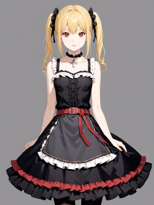 masterpiece, best quality, highres
,//Character, 
1girl, solo,AmaneMisa, twintails, blonde hair, red eyes, sidelocks
,//Fashion, 
black dress, sleeveless, bare shoulders, collarbone, choker, skirt, frills, belt, black pantyhose, cross
,//Background, 
,//Others, ,Expressiveh, 
A young girl with heterochromatic eyes, wearing an elaborate gothic lolita dress, standing confidently in a grand throne room.