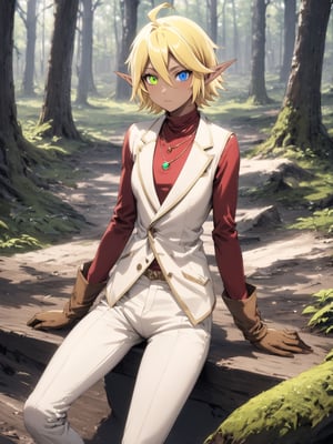 //Quality,
masterpiece, best quality, detailed
,//Character,
solo,Aura Bella Fiora \(overlord\), 1girl, short hair, blonde hair, hair between eyes, blue eyes, green eyes, heterochromia, pointy ears, dark skin, elf, ahoge
,//Fashion,
red shirt, long sleeves, brown gloves, necklace, white vest, white pants, brown footwear
,//Background,
forest
,//Others,