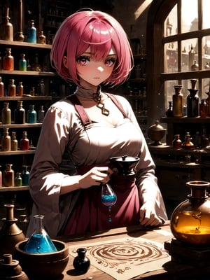 best quality, 8k, 8k UHD, ultra-high resolution, ultra-high definition, highres
,//Character, 
1girl, solo
,//Fashion, 
,//Background, 
,//Others, ,Expressiveh, 
Alural, short hair, pink hair, pink eyes, dress, Female alchemist mixing potions in a cluttered workshop, scrolls with strange symbols, focused expression, vial with swirling black liquid