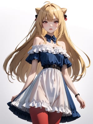 //Quality, masterpiece, best quality, detailmaster2, 8k, 8k UHD, ultra detailed, ultra-high resolution, ultra-high definition, highres, 
//Character, 1girl, solo,Terakomari, long hair, blonde hair, red eyes, ahoge, 
//Fashion, frills, off shoulder, hair bun, white dress, see-through, off-shoulder dress,
//Background, white background, 
//Others, 