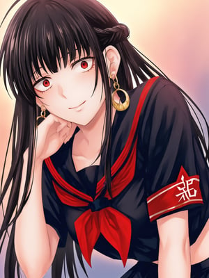 best quality, 8k, 8k UHD, ultra-high resolution, ultra-high definition, highres
,//Character, 
1girl, solo
,//Fashion, 
,//Background, 
,//Others, ,Expressiveh, 
AgakuraMajiri, 1girl, solo, long hair, black hair, red eyes, hoop earrings, black serafuku, sailor collar, black shirt, red neckerchief, armband, pleated skirt, black skirt