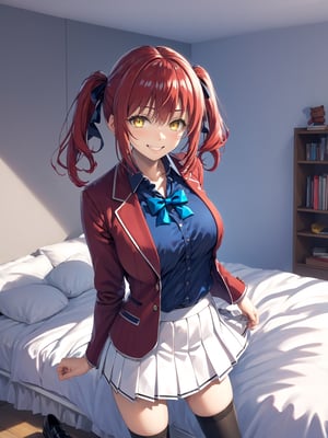 //Quality,
masterpiece, best quality, detailed
,//Character,
1girl, solo, AmasawaIchika, yellow eyes, red hair, twintails, medium breasts, bangs, hair between eyes, shiny hair, 
,//Fashion,
school uniform, red jacket, blazer, open jacket, long sleeves, open clothes, collared shirt, brown shirt, blue bowtie, hair ribbon, red ribbon, pleated skirt, white skirt, miniskirt, black footwear, black socks, loafers
,//Background,
room, bed
,//Others,
standing, grin