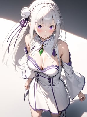 //Character, solo,emilia \(re_zero\), 1girl, long hair, white hair, purple eyes crown braid, pointy ears, 
//Fashion, white dress, hair ornament, hair ribbon, purple ribbon, bare shoulders, cleavage, white footwear,
//Background, simple background, 
//Quality, (masterpiece), best quality, ultra-high resolution, ultra-high definition, highres, intricate, intricate details, absurdres, highly detailed, finely detailed, ultra-detailed, ultra-high texture quality, natural lighting, natural shadow, dramatic shading, dramatic lighting, vivid colour, perfect anatomy, 
//Others, 