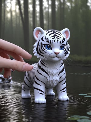 close up angle of ((cut toy),(3d white tiger )) surrounded by forest, Lotus pond, animal, detailed focus, deep bokeh, beautiful, , dark cosmic background. Visually delightful , 3D,more detail XL,chibi,