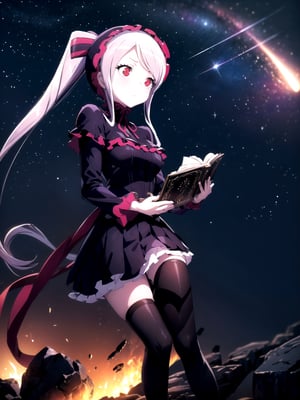 //Quality,
(masterpiece), (best quality), 8k illustration
,//Character,
1girl, solo
,//Fashion,
,//Background,
night sky, meteor
,//Others,
superpower, book, float, feel astonished,shalltear bloodfallen,so-bin