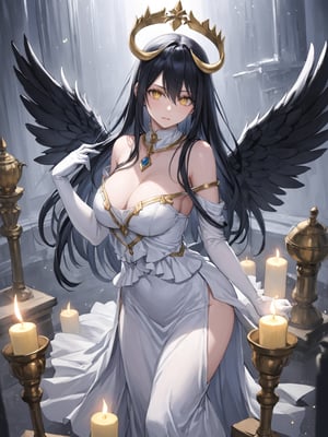 masterpiece, best quality, highres
,//Character, 
1girl, solo,albedo \(overlord\), long hair, black hair, hair between eyes, yellow eyes, horns, ahoge, black wings, feathered wings, low wings
,//Fashion, 
white gloves, white dress, bare shoulders, detached collar, cleavage, slit pupils
,//Background, 
,//Others, ,Expressiveh, 
A young priestess kneeling before a dark altar, surrounded by ominous statues and flickering candles.